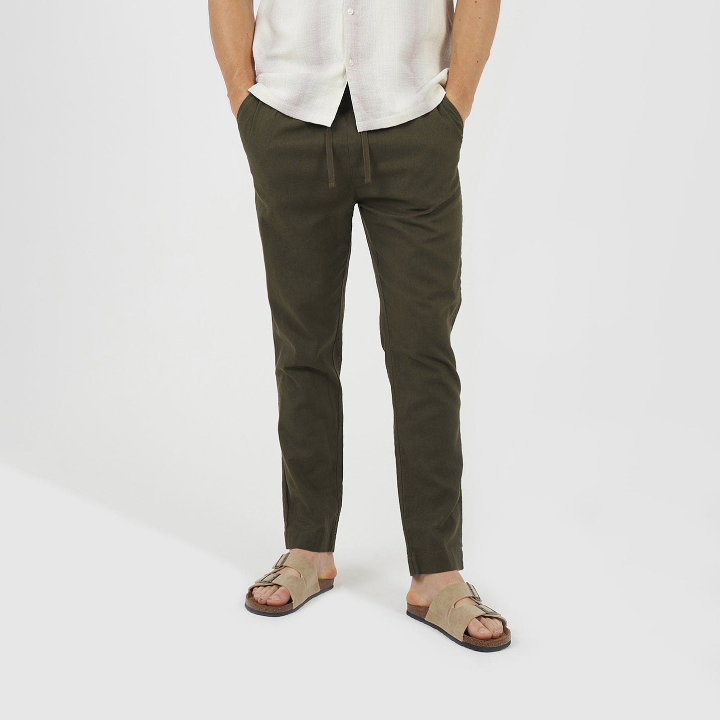 Brave Soul Khaki Relaxed Fit Linen Blend Trousers - Khaki Image 1