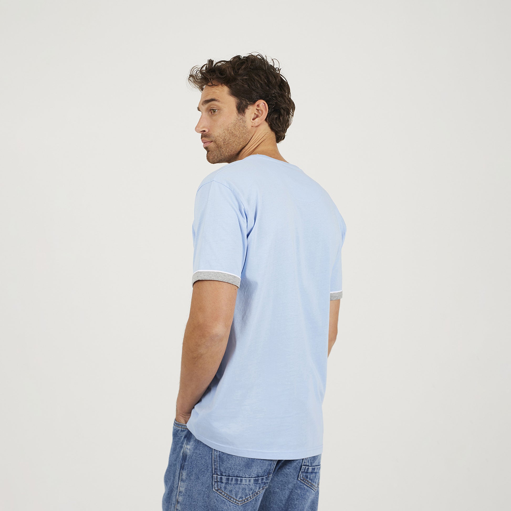 Brave Soul Light Blue 3-Pack Crew Neck T-Shirts with Contrast Piping - Light Blue Image 3