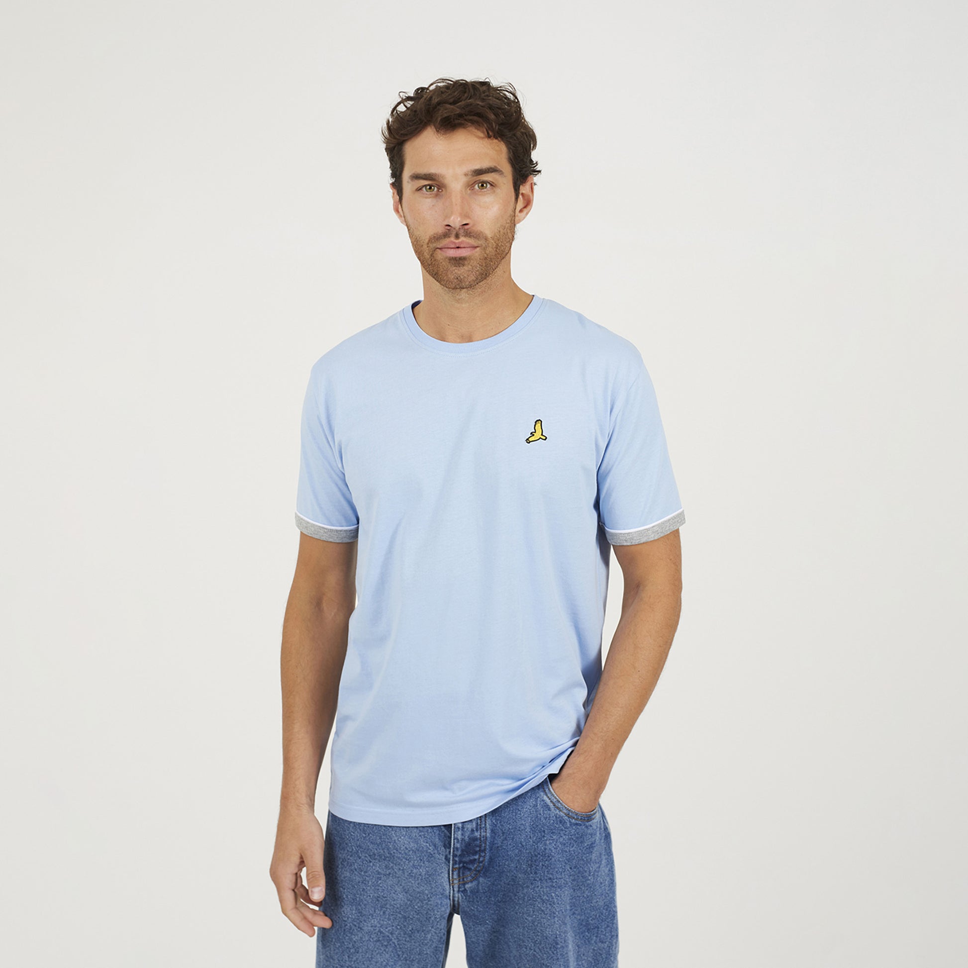 Brave Soul Light Blue 3-Pack Crew Neck T-Shirts with Contrast Piping - Light Blue Image 2